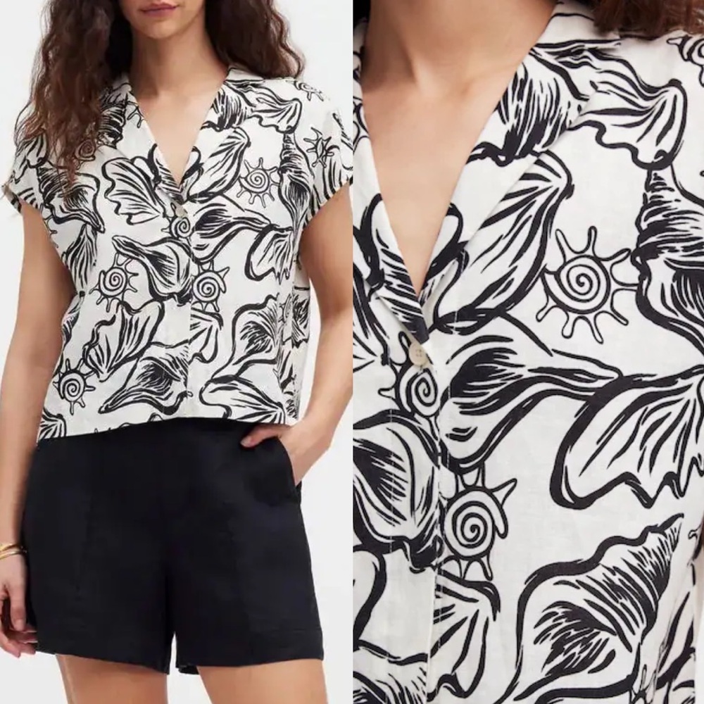 Madewell Top Womens XL Boxy Cap Sleeve Linen Button Up Seashell Vacation Beachy